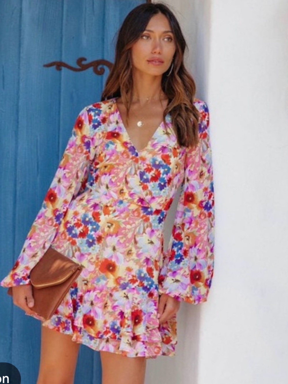 Vici Floral V‑Neck Long Sleeve floral Mini Dress in Multi